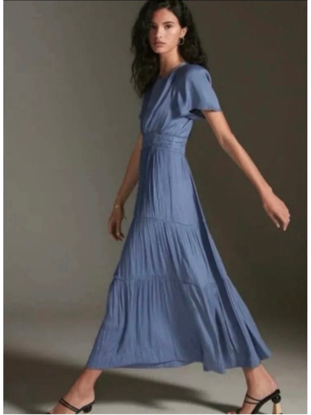 Women's Anthropologie Somerset Satin Maxi Dress Size M Blue Pleated Tiered